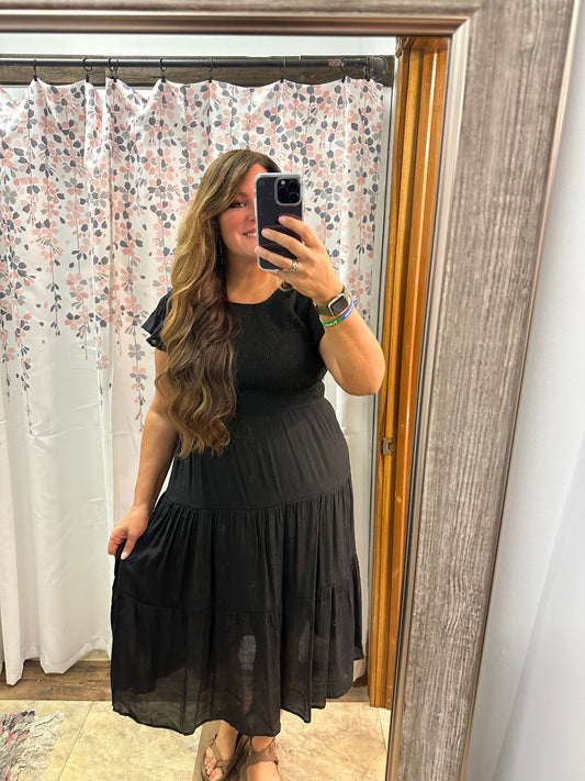 Smocked Black Midi Dress