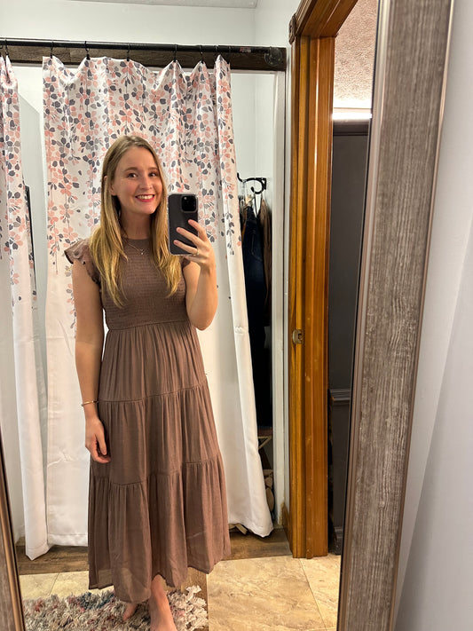 Smocked Taupe Midi Dress